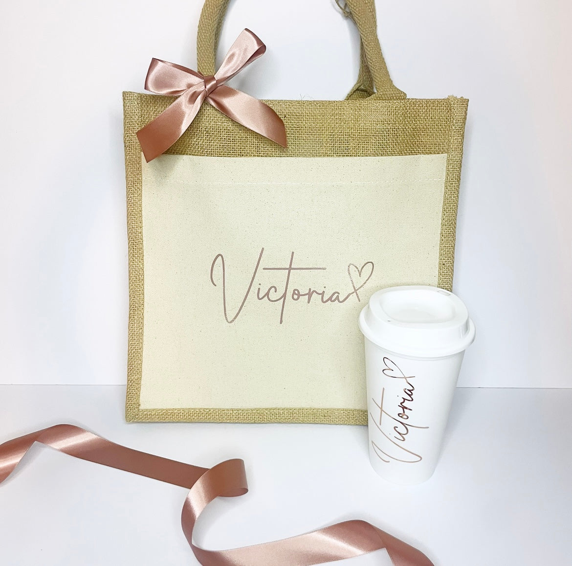 Personalised jute bag and coffee cup with rose gold writing